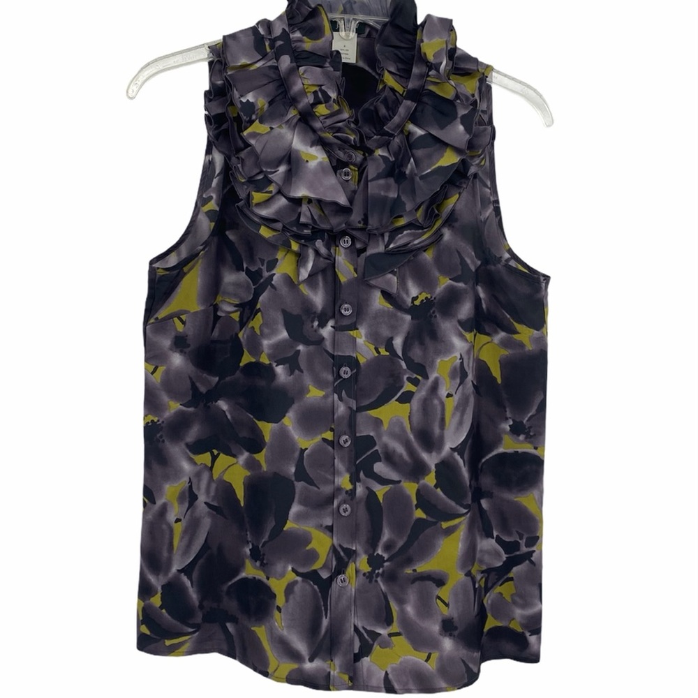 J Crew 100%Silk Ruffled Sleeveless Button Up Shirt
